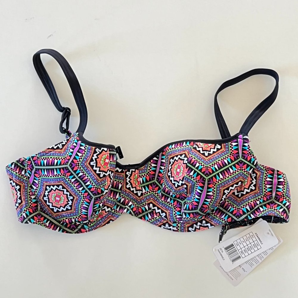 Freya Zeta Bikini Top Colorful Mosaic Pattern w/ Black Trim Bra Sized 36D NWT